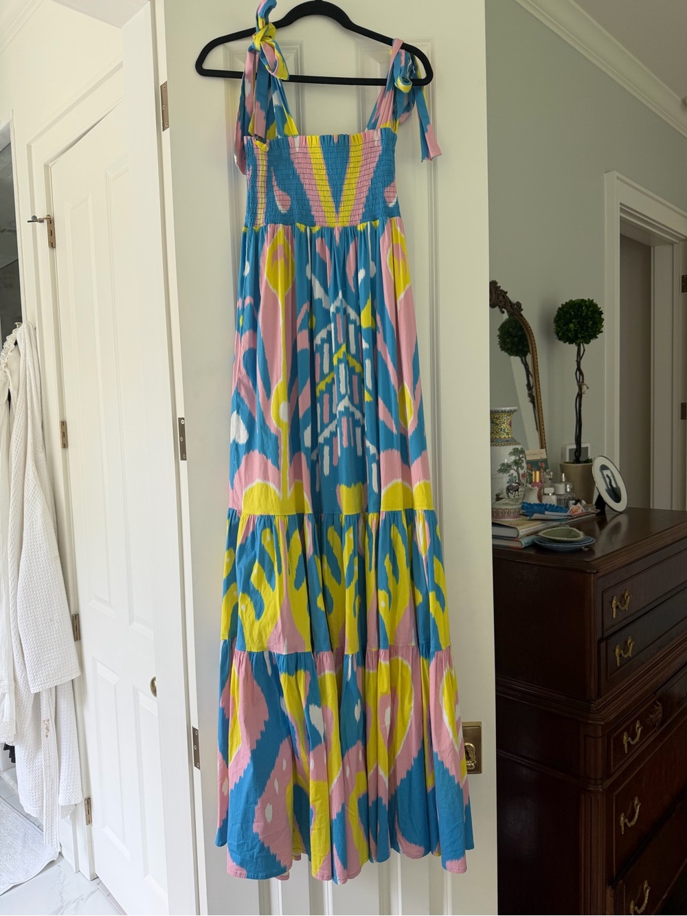 Smocked Tie-Shoulder Maxi Dress in Blue, Pink & Yellow Print